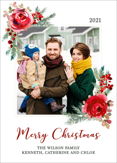 Vertical Corner Roses Holiday Photo Cards